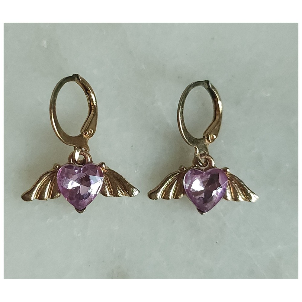 Winged Heart Huggie Hoop Gold Earrings Purple Stone Y2K Angelic Fairy Whimsical